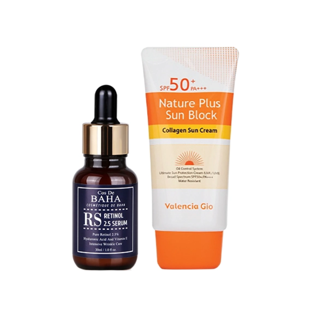 Cos De Baha RS Retinol 2.5 Serum + Valencia Gio Nature Plus Sun Block SPF 50+ Combo