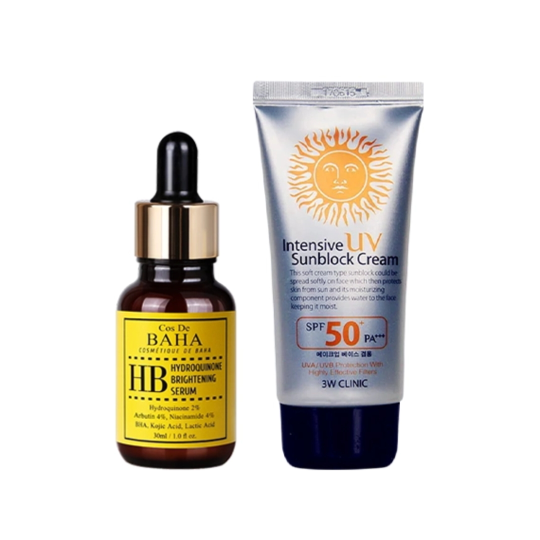 Cos De BAHA 2% Hydroquinone Serum + 3W Clinic Intensive UV Sunblock combo